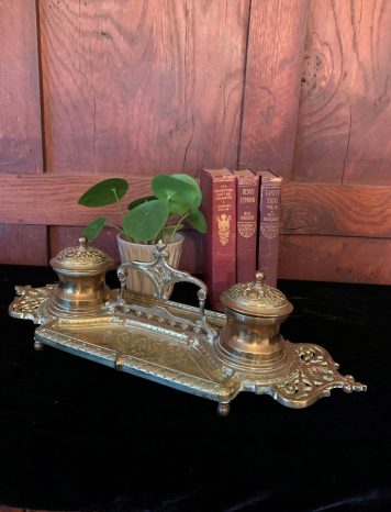A Brass Inkstand with Double Covered Fixed Ink Wells