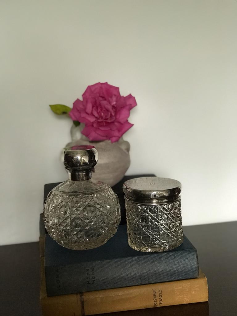 A Fine Antique Silver Scent Bottle and Round Glass Vanity Jar with Silver lid