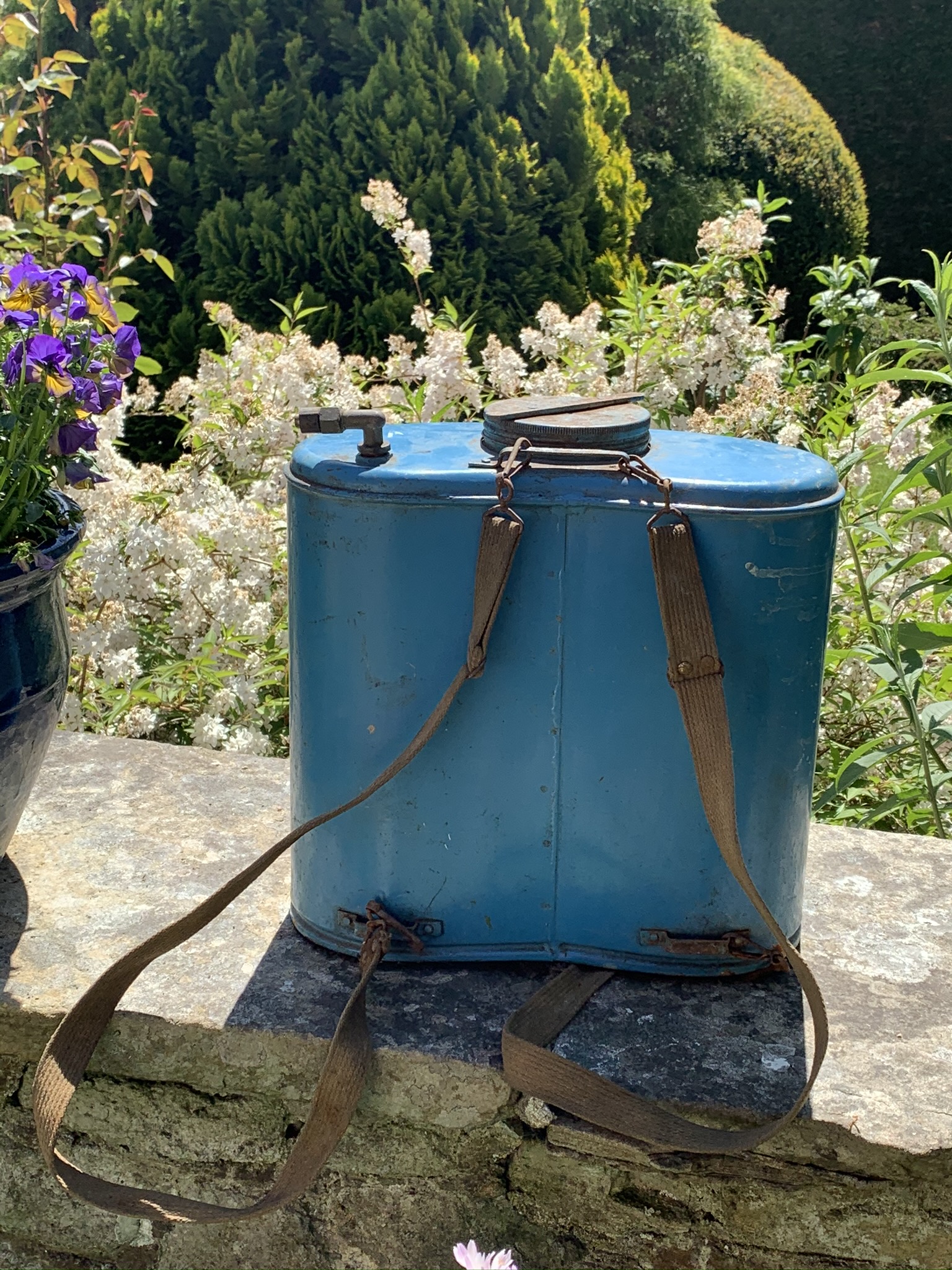 A Decorative Blue Metal Knapsack Sprayer With Straps - Image 3