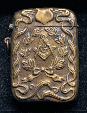 A Brass Masonic Rectangular Vesta Case with Freemason Square & Compass