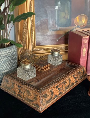 A Tunbridge Ware Marquetry and Parquetry Table Inkstand in Good Condition