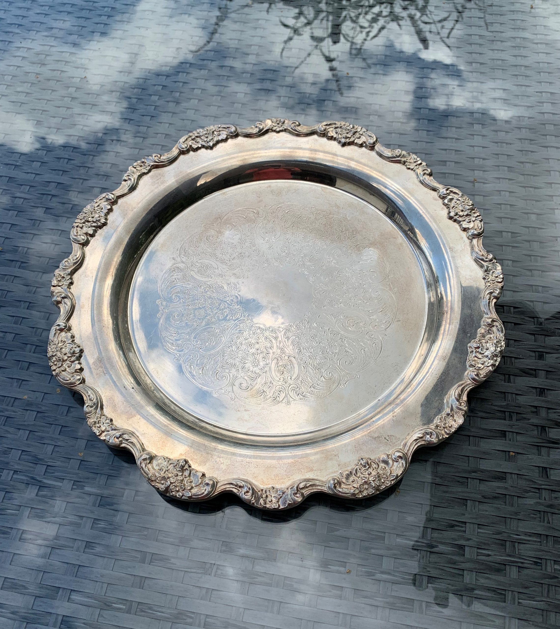 A Large Vintage Towle Silver-plated Serving Tray With A Floral Boulder
