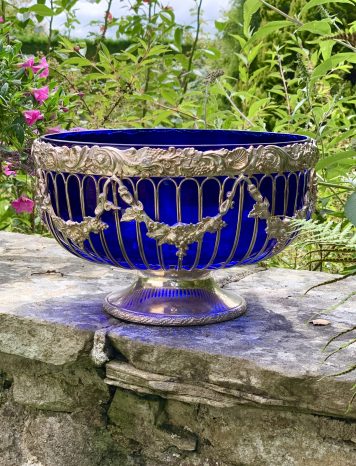 Large Silver Plated Glass Pedestal/Punch Bowl with Blue Liner