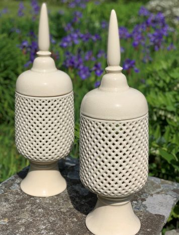Lovely Pair of Reticulated Cream Pottery Pedestal Jars & Covers