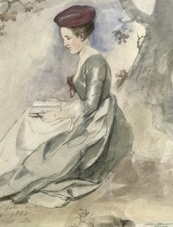 19th Century English School portrait of a Lady seated under a tree reading a book, 1853