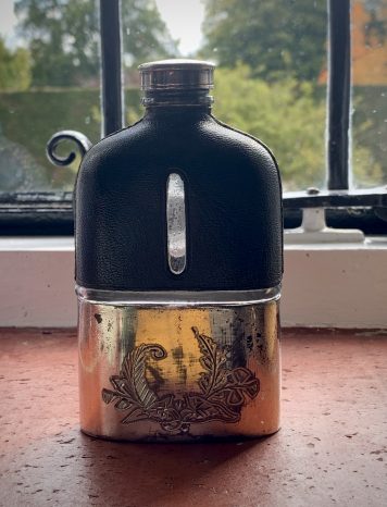 Antique Leather Bound Hip Flask Silver Plated