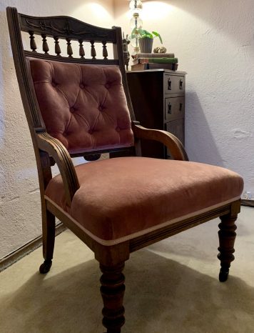 A Charming Victorian Oak Framed and Upholstered Arm Chair