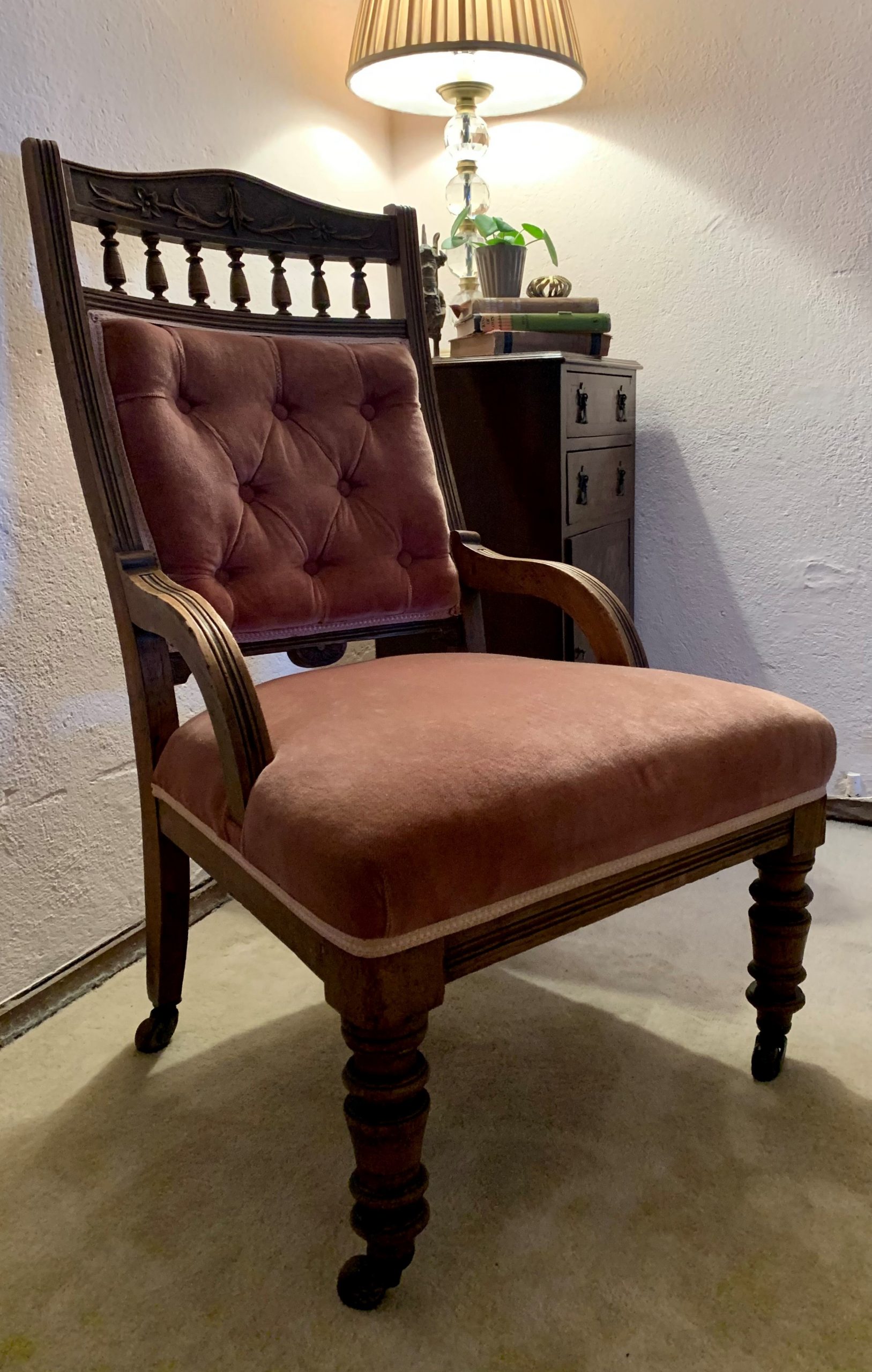 A Charming Victorian Oak Framed and Upholstered Arm Chair