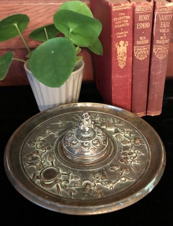 Unusual Embossed Brass Inkwell