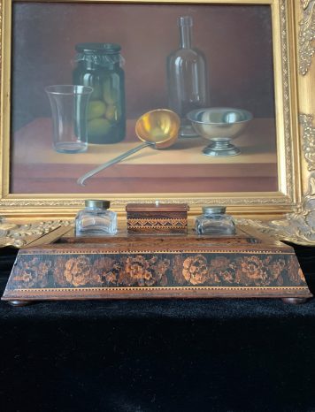 A Tunbridge Ware Marquetry and Parquetry Two Bottle Inkstand in Good Condition