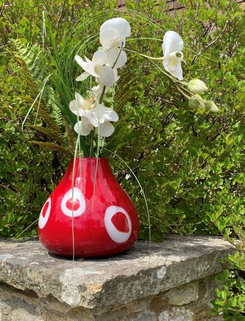 Double Cased 'Pop Art' Teardrop Shape Vase in Red Glass with White Abstract Circles