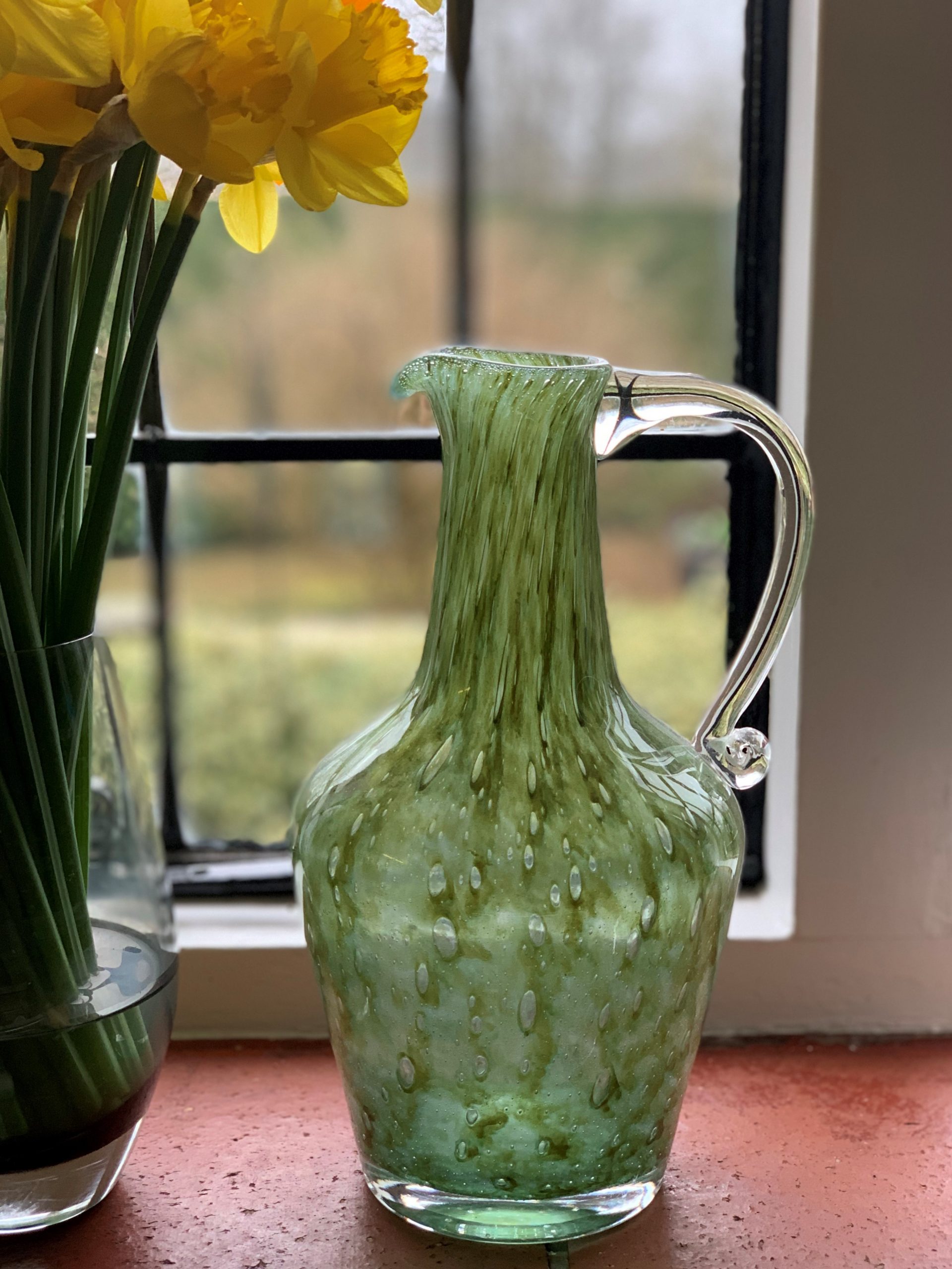 An Unusual Handblown Green Glass Jug with Clear Scroll Handle - Image 4
