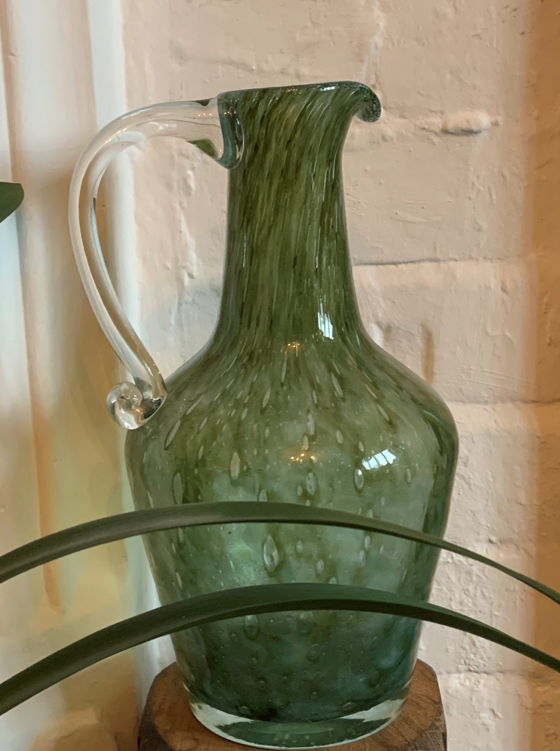 An Unusual Handblown Green Glass Jug with Clear Scroll Handle - Image 2