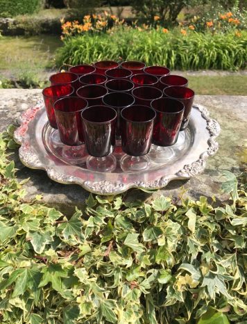 A set of 24 Vintage French Luminarc Arcoroc Cavalier Ruby Red Sherry Liqueur Glasses with Clear Stems