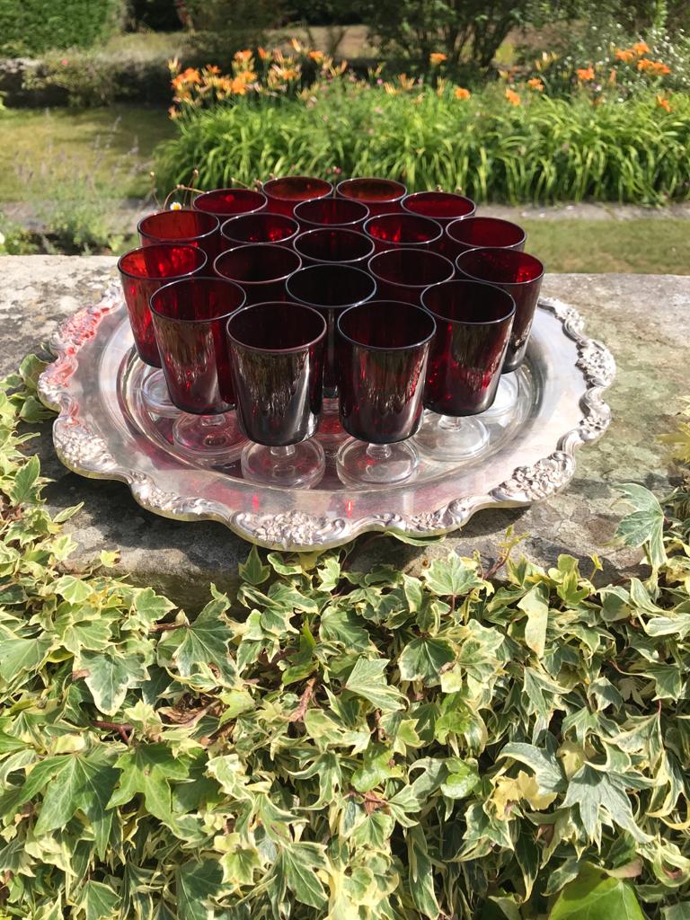 A set of 24 Vintage French Luminarc Arcoroc Cavalier Ruby Red Sherry Liqueur Glasses with Clear Stems