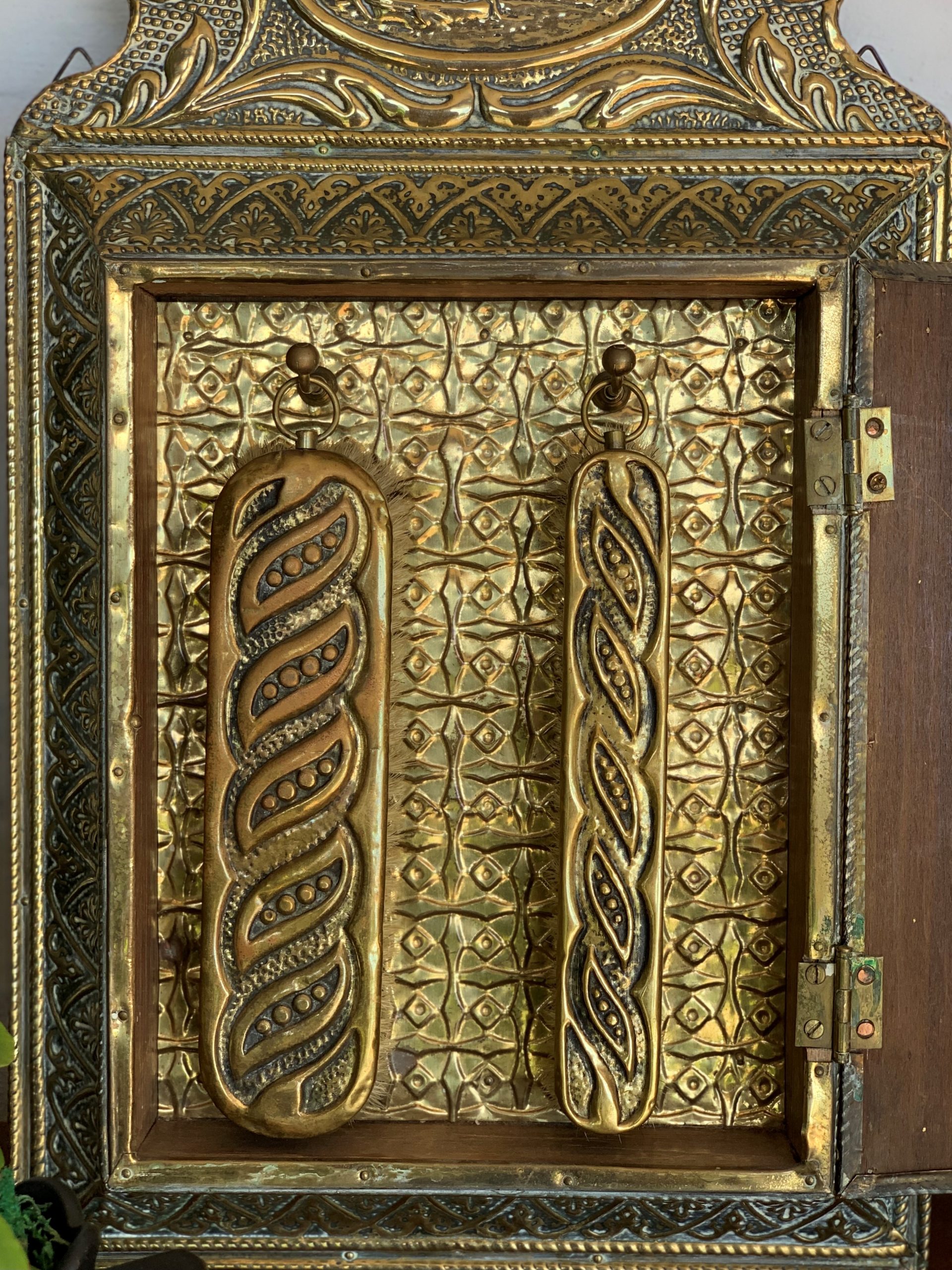 Antique Embossed Dutch Brass Cushion Mirror with Ornate Brushes - Image 5