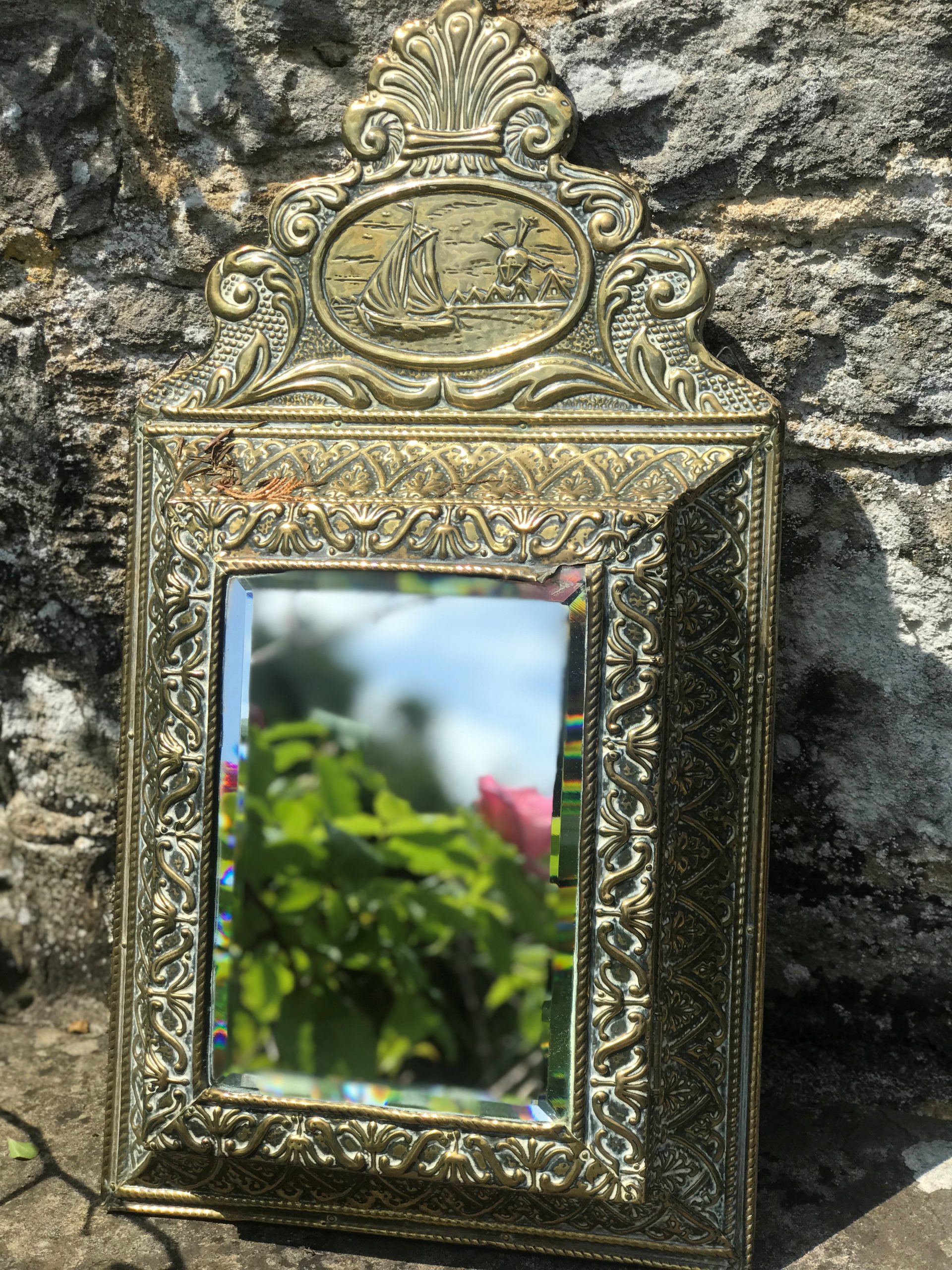 Antique Embossed Dutch Brass Cushion Mirror with Ornate Brushes - Image 7