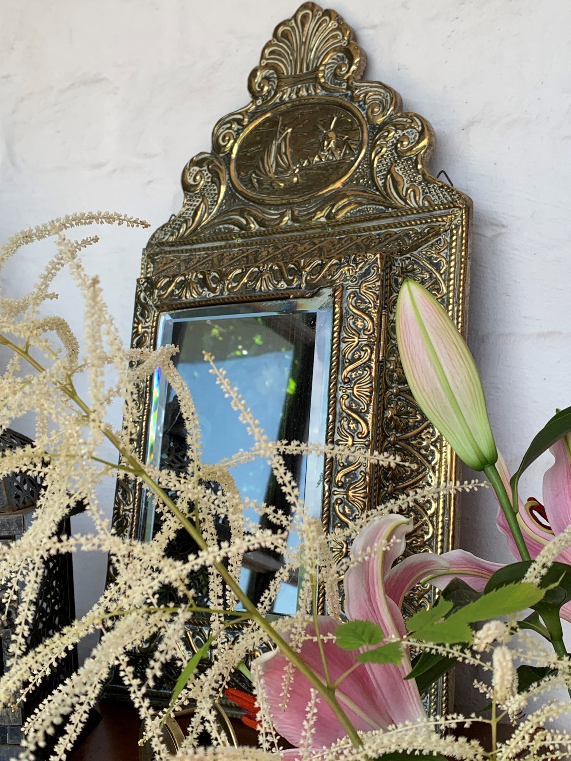 Antique Embossed Dutch Brass Cushion Mirror with Ornate Brushes - Image 8
