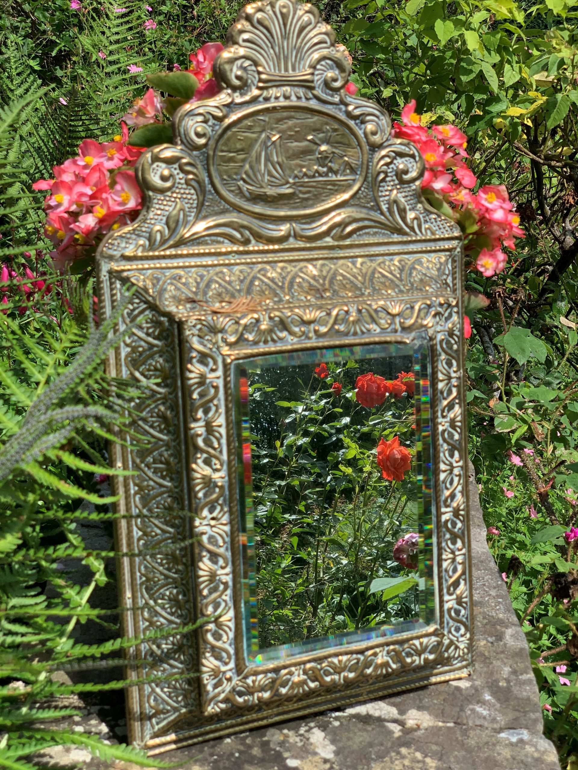 Antique Embossed Dutch Brass Cushion Mirror with Ornate Brushes - Image 4