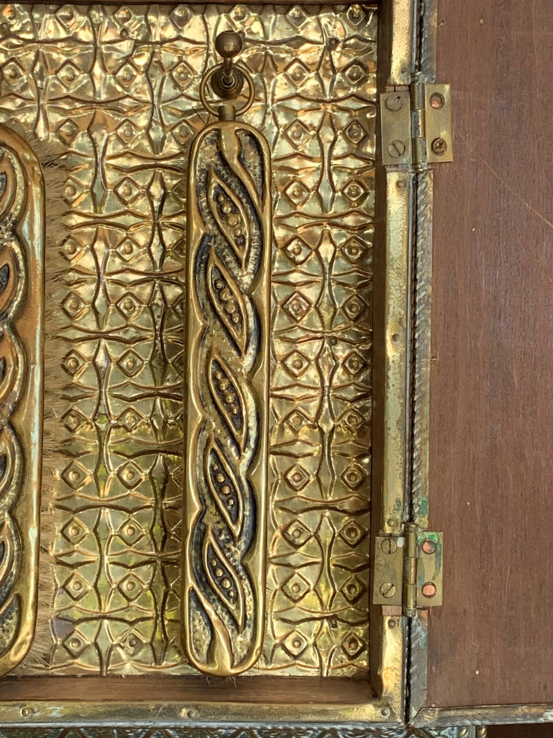 Antique Embossed Dutch Brass Cushion Mirror with Ornate Brushes - Image 11