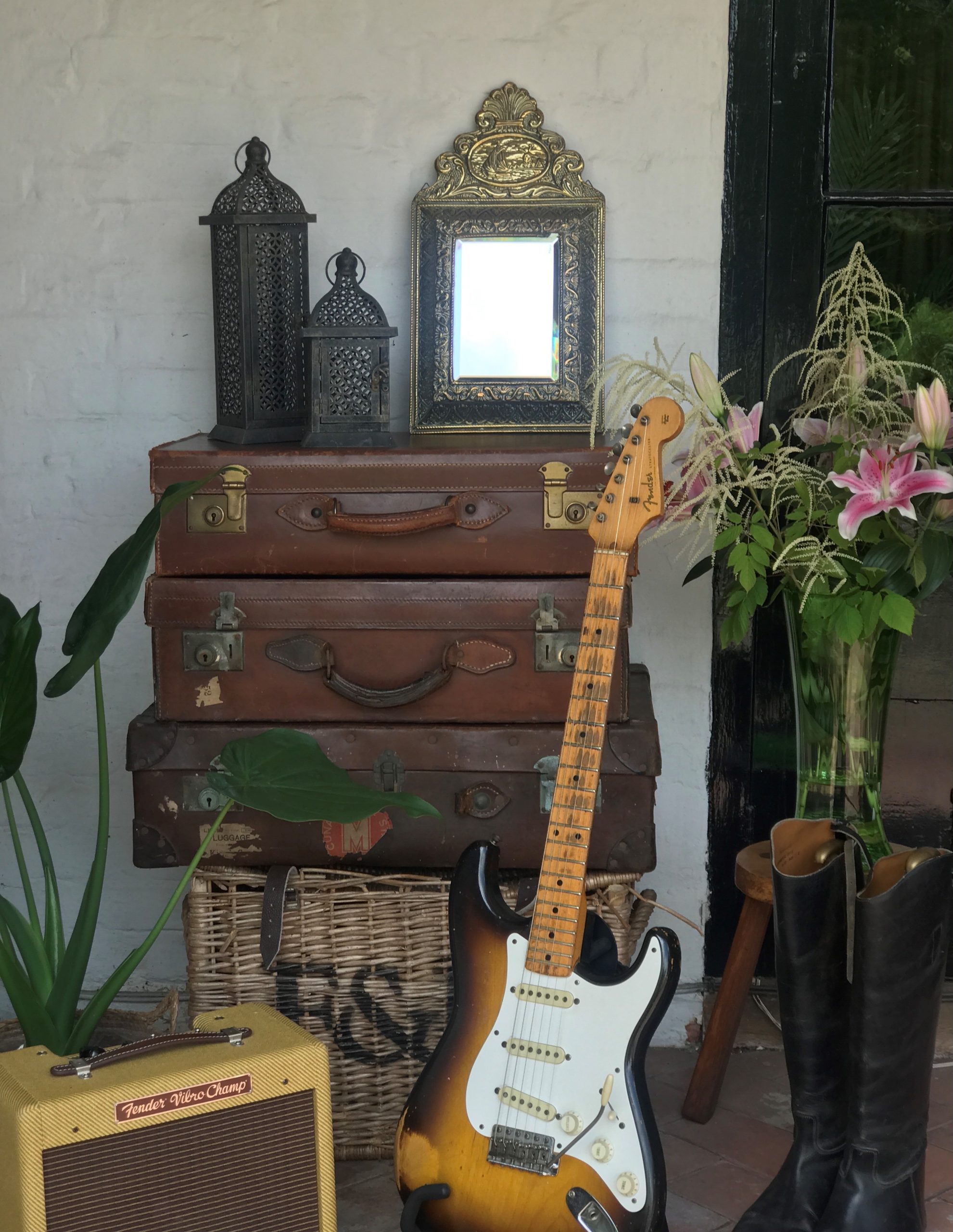 Antique Embossed Dutch Brass Cushion Mirror with Ornate Brushes - Image 9
