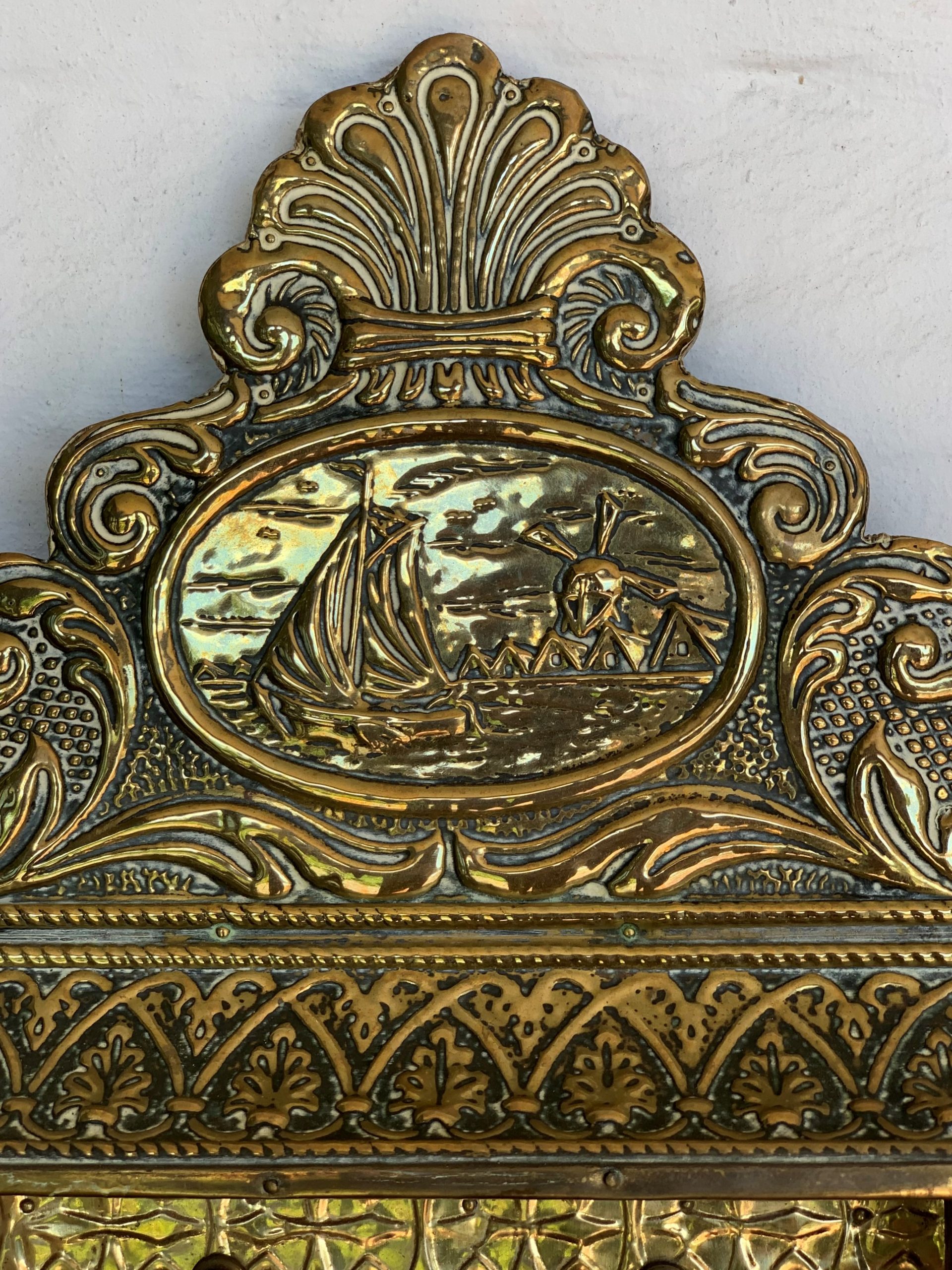 Antique Embossed Dutch Brass Cushion Mirror with Ornate Brushes - Image 3