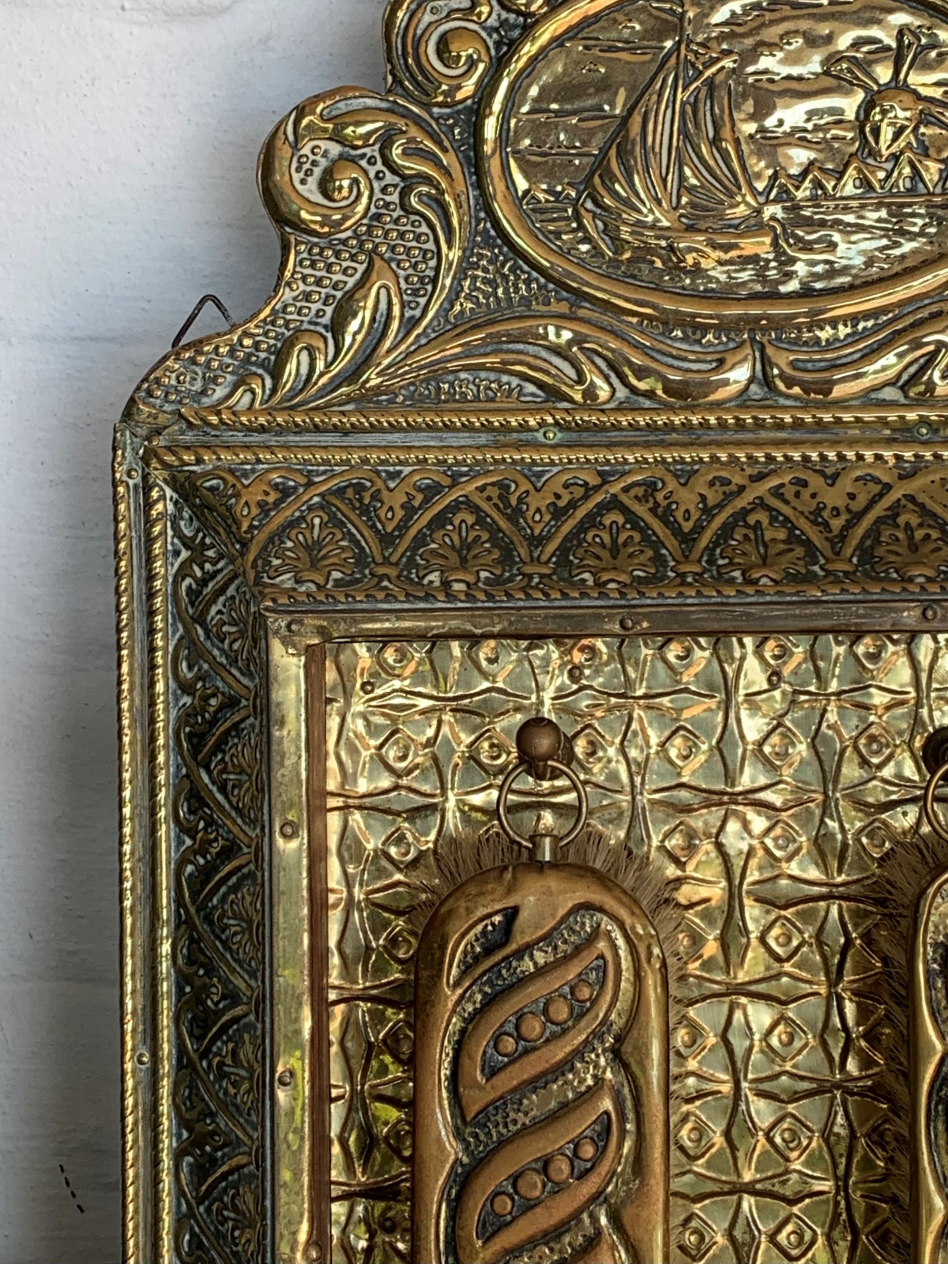 Antique Embossed Dutch Brass Cushion Mirror with Ornate Brushes - Image 10