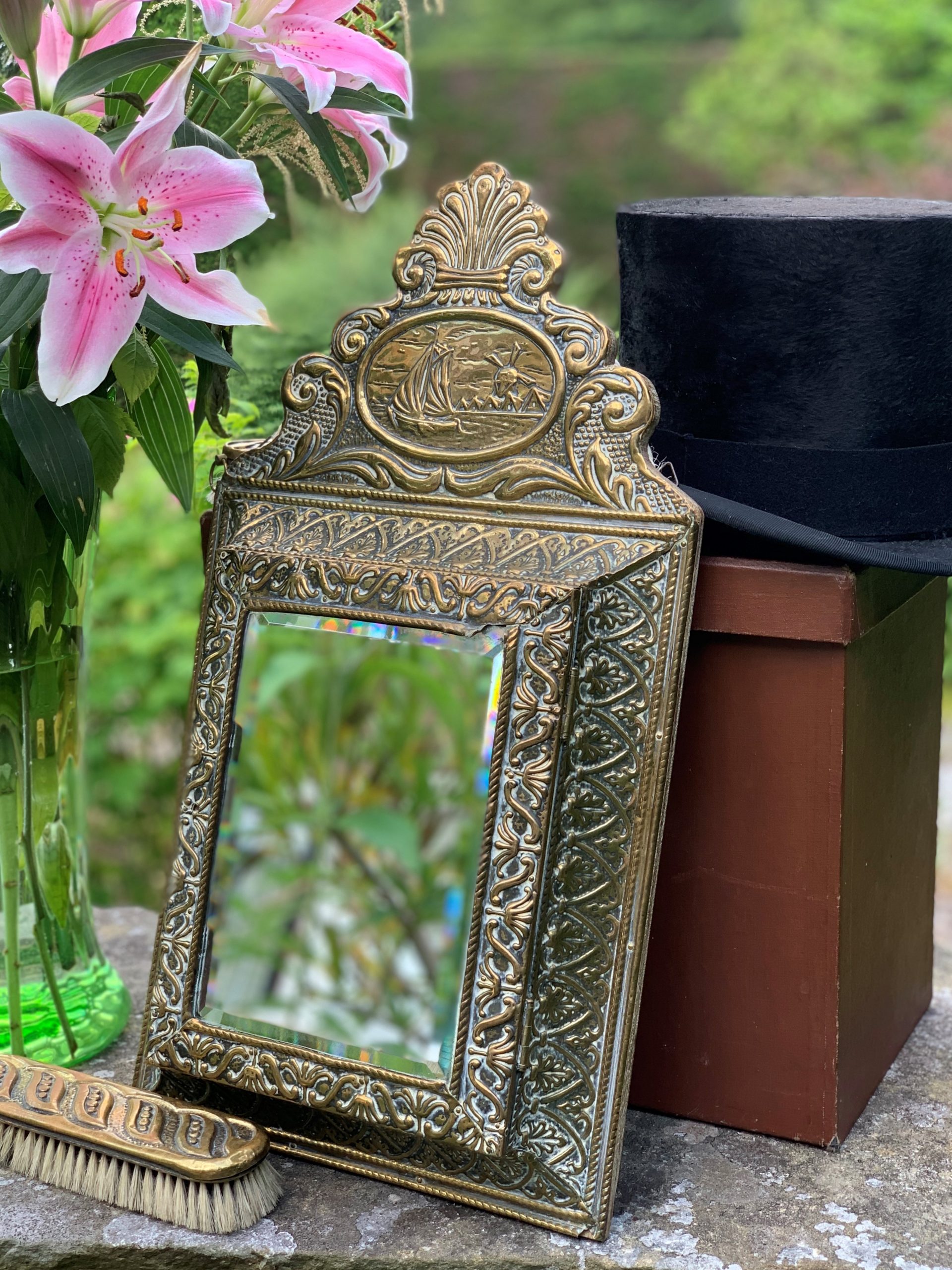 Antique Embossed Dutch Brass Cushion Mirror with Ornate Brushes - Image 2