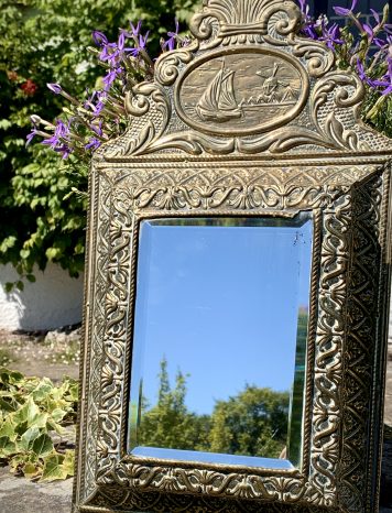 Antique Embossed Dutch Brass Cushion Mirror with Ornate Brushes